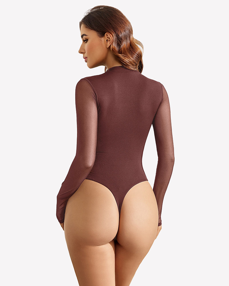 Burgundy long-sleeve thong bodysuit, back view, high-cut legs.