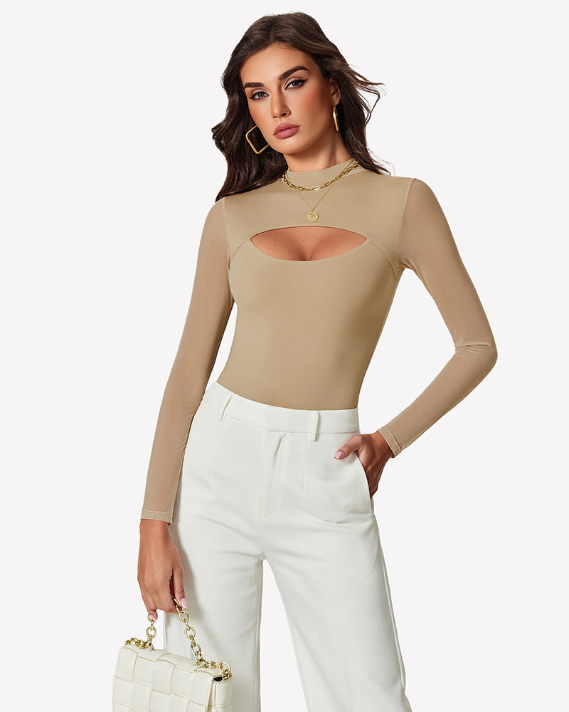 Long sleeve thong bodysuit, beige-tan with scoop neck and thong back