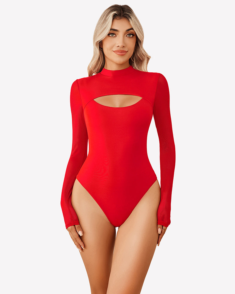 Long sleeve thong bodysuit, red with scoop chest cutout and high-cut thong bottom
