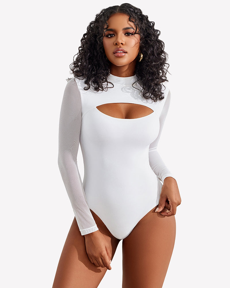 Long sleeve thong bodysuit, white with scoop chest cutout and high-cut thong bottom