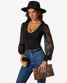 Black lace puff-sleeve leotard with deep V neckline and sheer lace sleeves