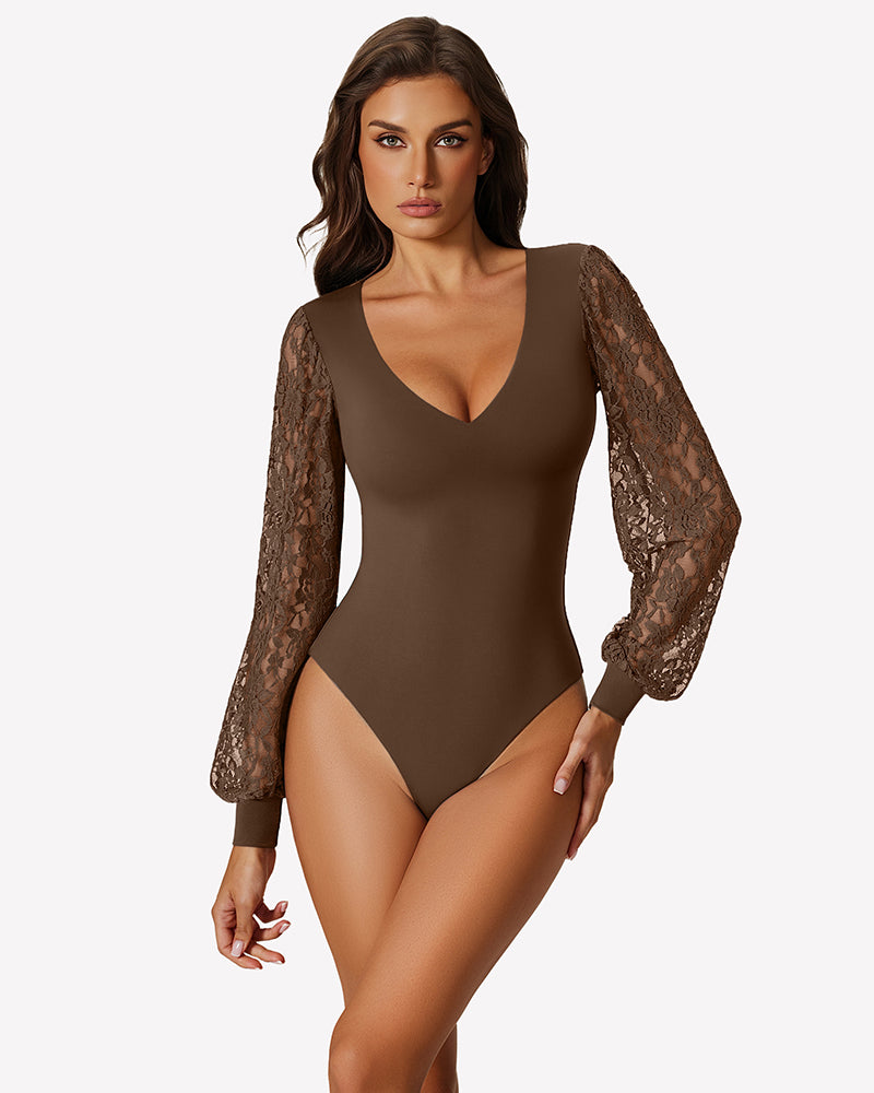 Brown lace puff-sleeve leotard with deep V neckline and sheer lace sleeves