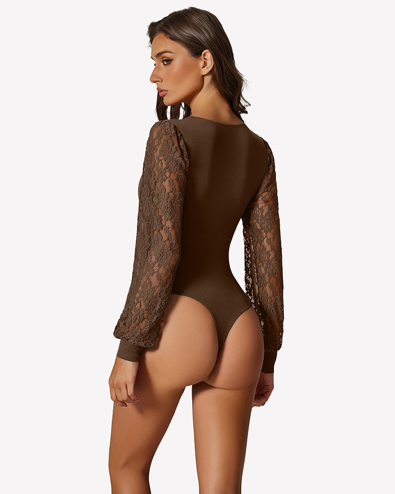 Brown lace puff-sleeve leotard back view with sheer lace sleeves