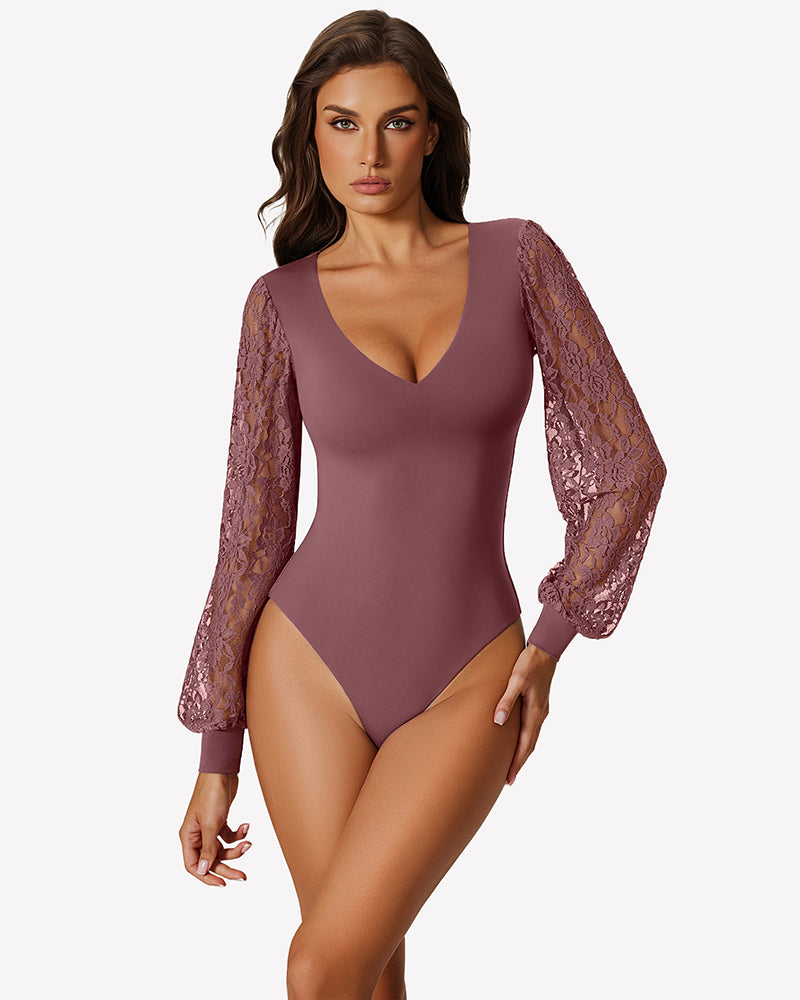 Mauve lace long-sleeve leotard with deep V-neck and puff sleeves