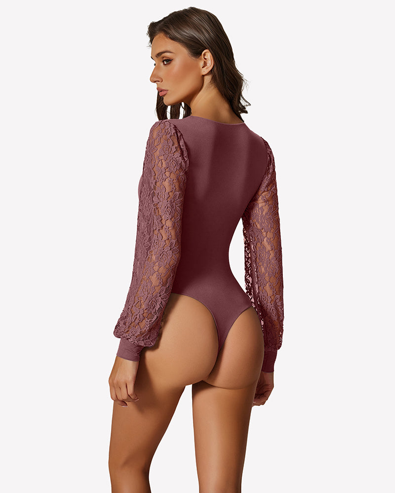 Mauve lace long-sleeve leotard back view with sheer lace sleeves