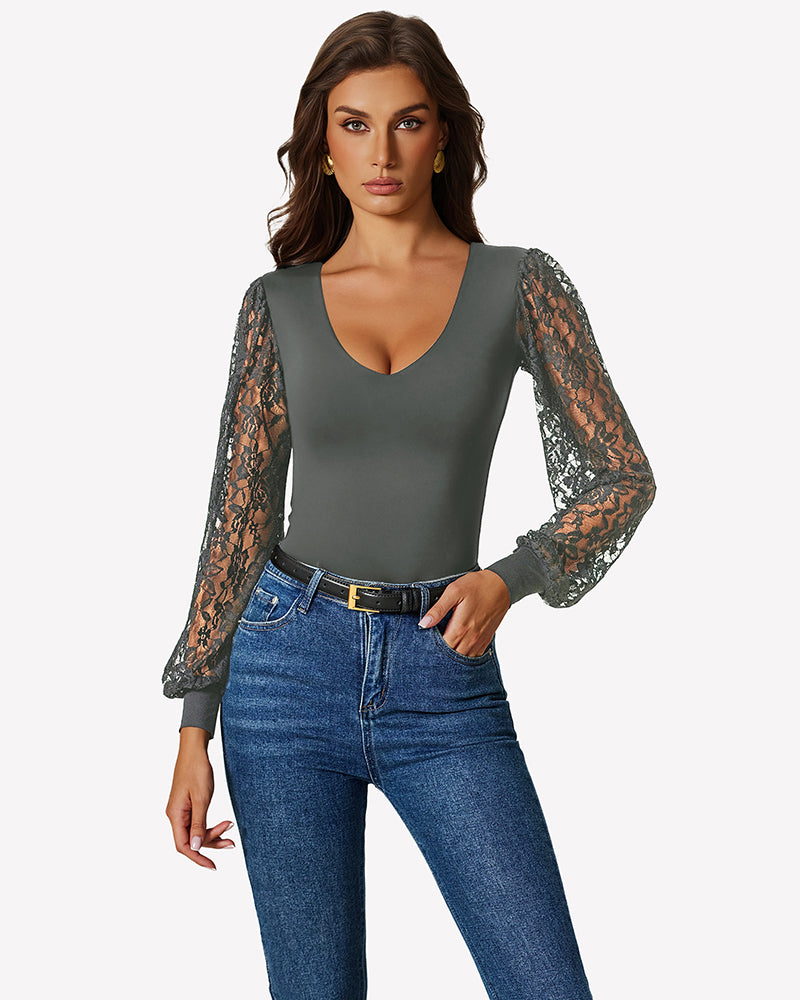Dark green lace long-sleeve leotard with V-neck and sheer lace sleeves
