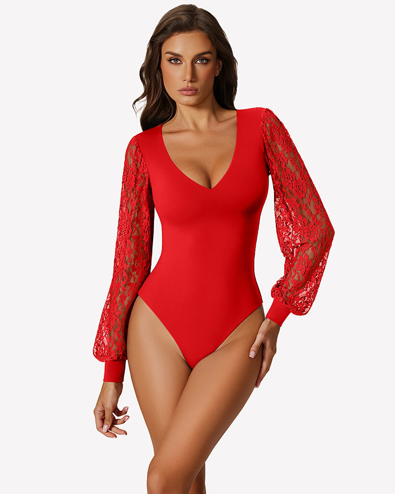Red lace long-sleeve leotard with deep V-neck and puff sleeves