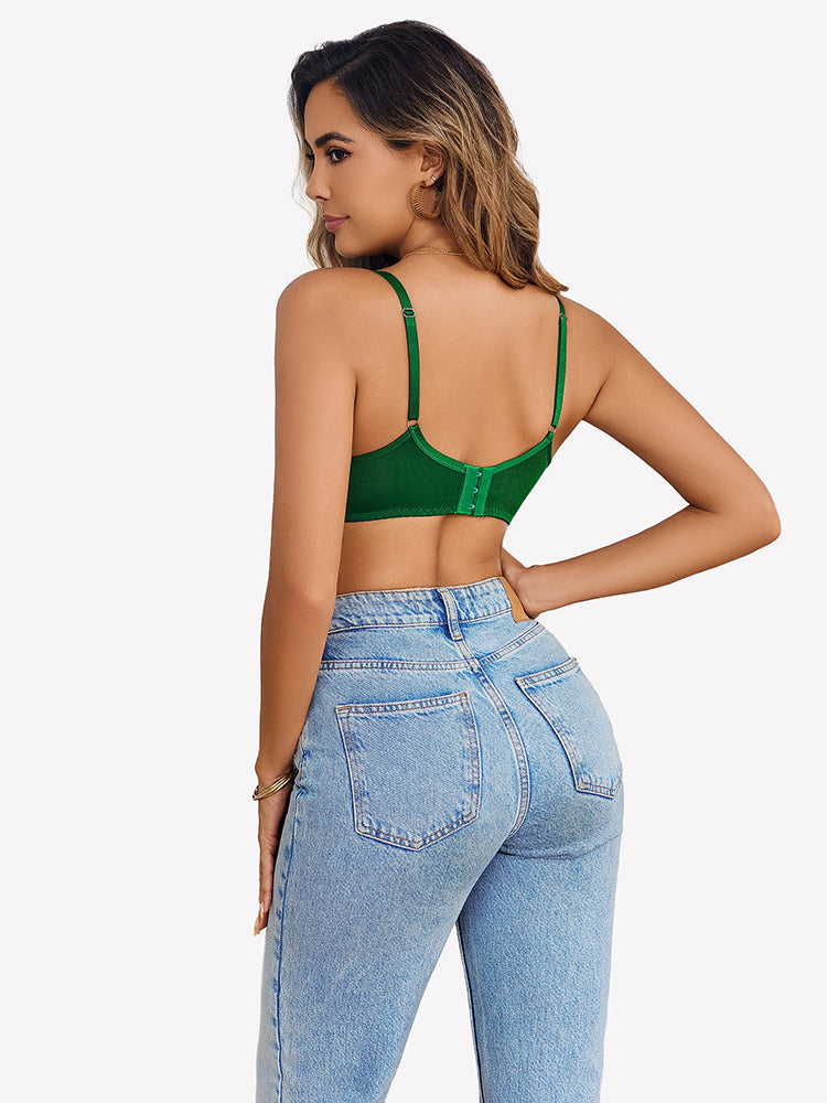 Green lace underwire crossover bra with open-back straps and scalloped lace trim