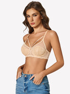 Champagne lace underwire crossover bra with floral cups and slim adjustable straps