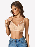 Champagne lace underwire crossover bra with floral pattern, thin straps