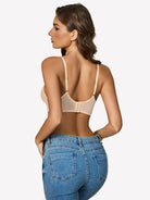Champagne lace underwire crossover bra, open back with strappy design