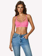 Pink underwire lace floral crossover bra with crisscross neckline and scalloped hem