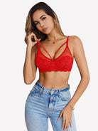 Red lace underwire crossover bra with floral cups and crisscross straps