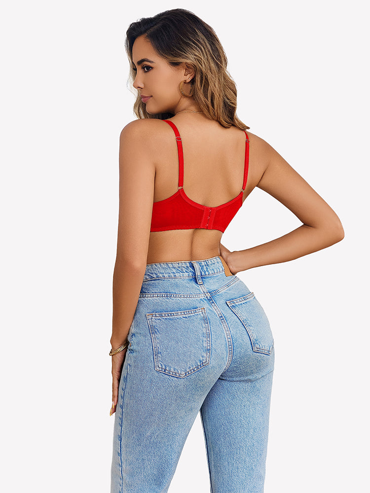 Red lace underwire crossover bra, open-back straps and scalloped lace edges