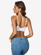 White underwire lace bra with open back and adjustable shoulder straps