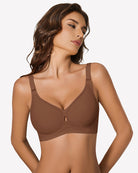 Coffee-brown padded wireless bra with V neckline and adjustable straps