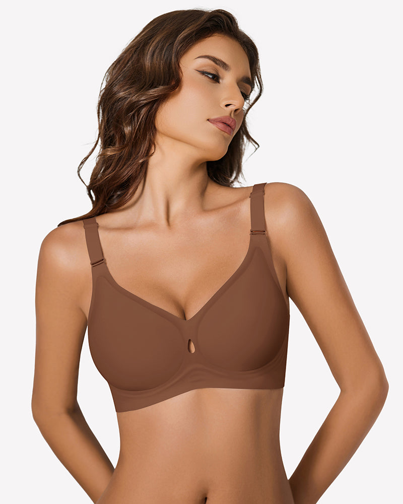 Coffee-brown padded wireless bra with V neckline and adjustable straps