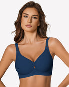 Wireless seamless padded bra, navy blue with padded cups and front V neckline