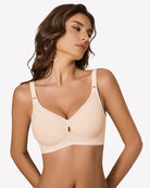 Nude padded wireless bra with V neckline and thin adjustable straps
