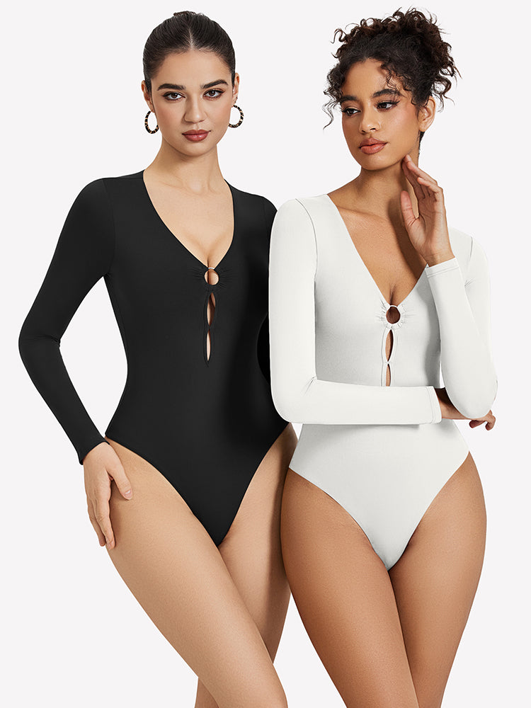 Black and white deep V-neck long-sleeve bodysuits with keyhole cutout at bust