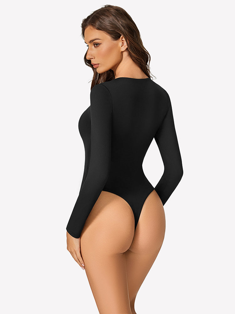 Black long-sleeve bodysuit with open back and high-leg cut