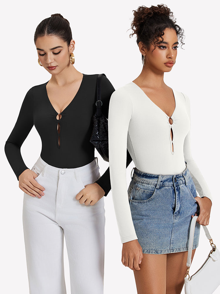 Black and white cutout deep V-neck long-sleeve bodysuits with keyhole detail