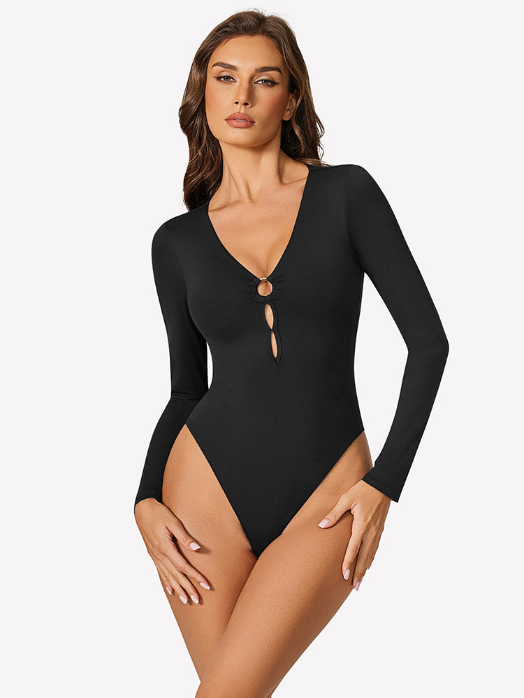 Black cutout deep V-neck long-sleeve bodysuit with keyhole detail at bust