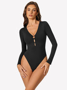 Black cutout deep V-neck long-sleeve bodysuit with keyhole detail at bust