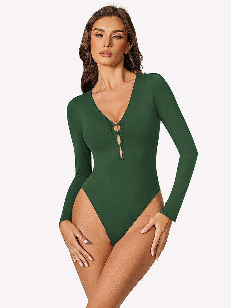 Green cutout deep V-neck long-sleeve bodysuit with keyhole detail at bust