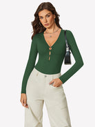 Green cutout deep V-neck long-sleeve bodysuit with keyhole detail at bust