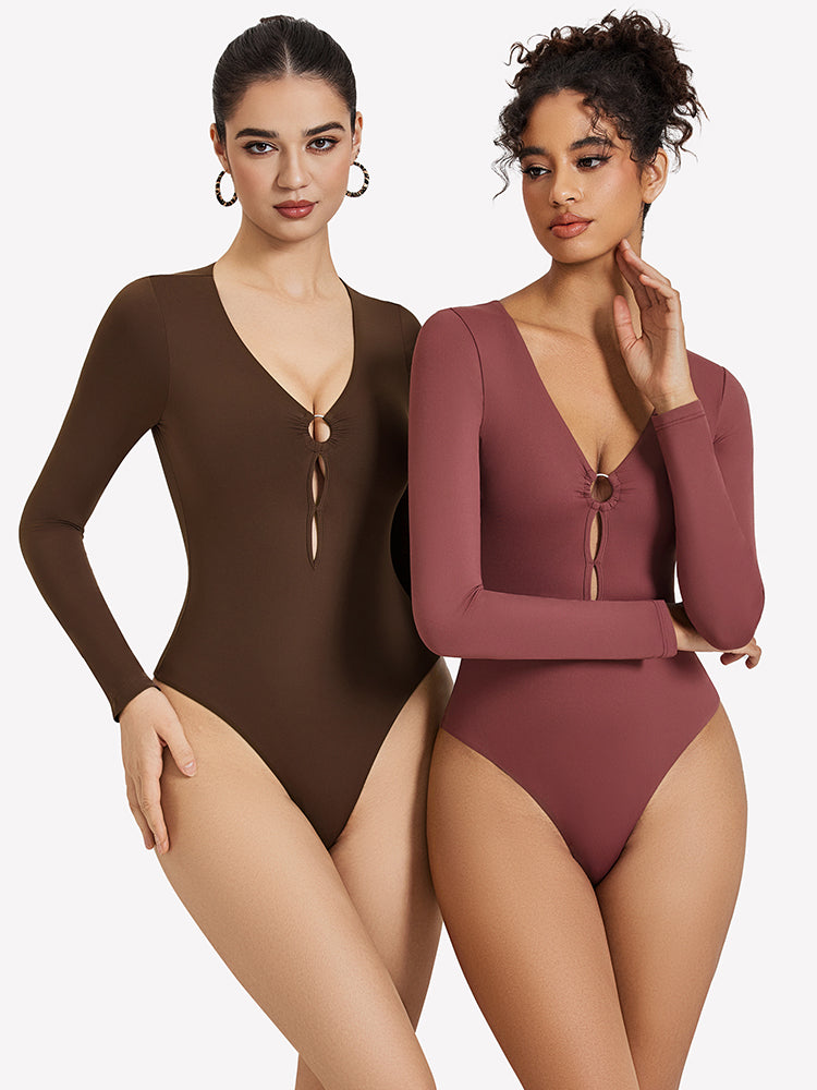 Brown and mauve deep V-neck long-sleeve bodysuits with keyhole cutout at bust