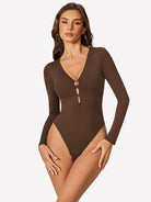 Brown cutout deep V-neck long-sleeve bodysuit with keyhole detail at bust