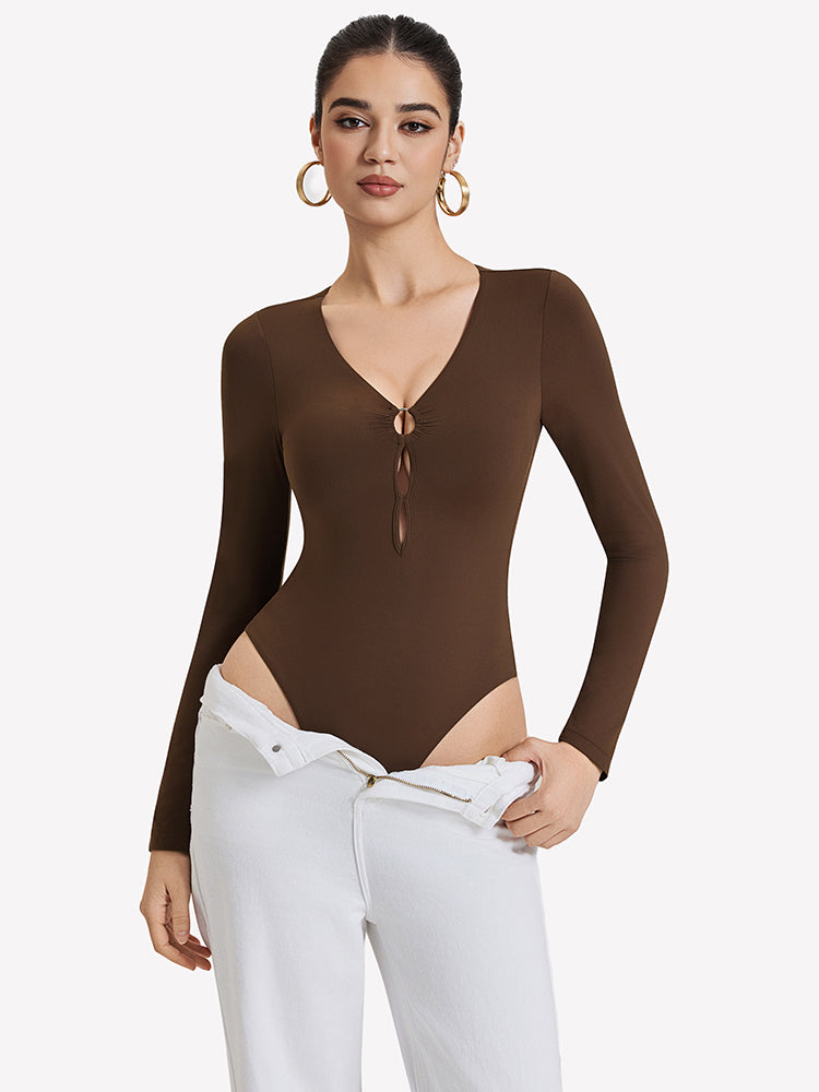 Brown plunge V-neck long-sleeve bodysuit with keyhole cutout detail at center