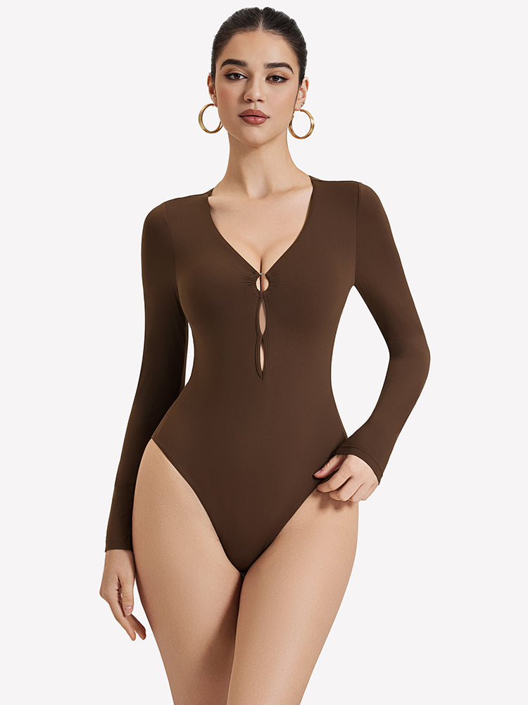 Dark brown deep V-neck long-sleeve bodysuit with keyhole cutout detail