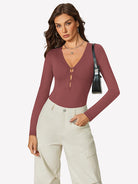 Wine red deep V-neck long-sleeve bodysuit with center keyhole cutout detail