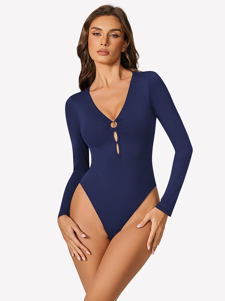 Navy blue plunge V-neck long-sleeve bodysuit with center keyhole cutout detail