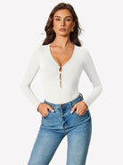 White deep V-neck long-sleeve bodysuit with center keyhole cutout detail