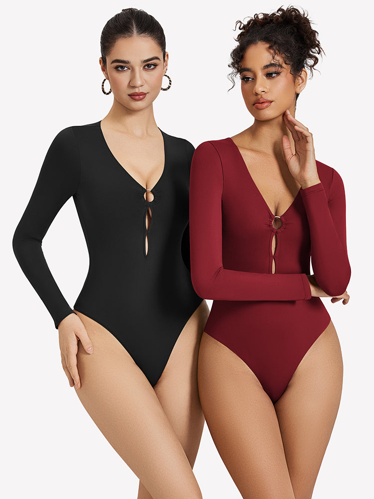 Cutout plunge bodysuit, black and wine red, deep V neck, long sleeves