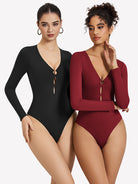 Cutout plunge bodysuit, black and wine red, deep V neck, long sleeves