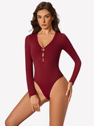 Wine red plunge V-neck long-sleeve bodysuit with center keyhole cutout detail