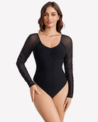 Black long sleeve mesh bodysuit with ruched center front and V neckline