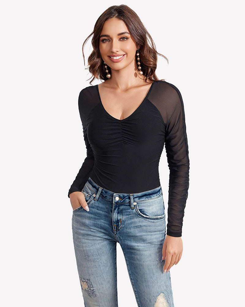 Black long sleeve mesh bodysuit with ruched center front and V neckline