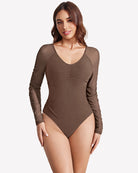 Beige-brown long sleeve mesh bodysuit with ruched center front and V neckline