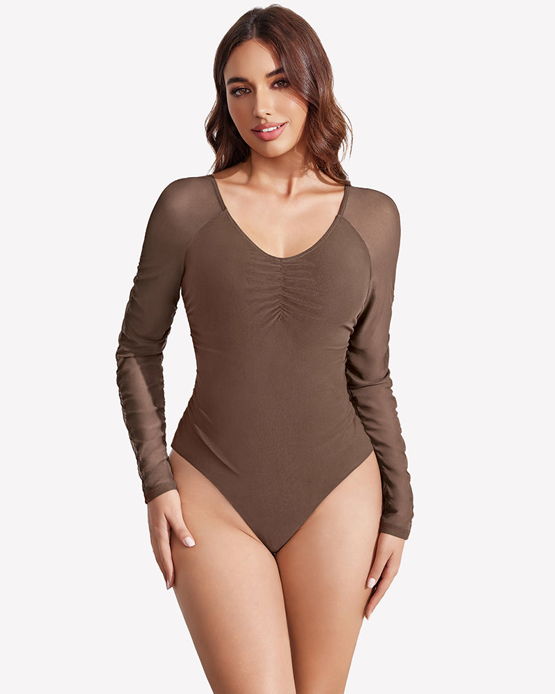Beige-brown long sleeve mesh bodysuit with ruched center front and V neckline