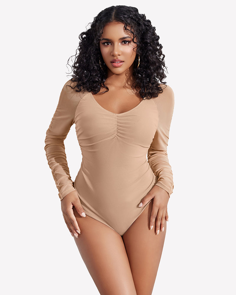 Beige long sleeve mesh bodysuit with ruched bust and V neckline