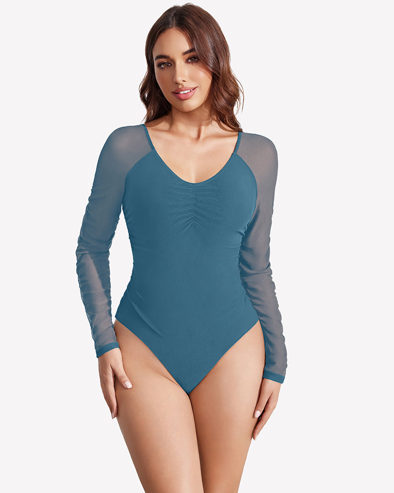 Blue long sleeve mesh bodysuit with ruched center front and V neckline