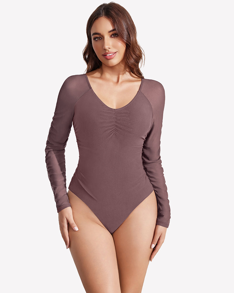 Mauve long sleeve mesh bodysuit with ruched center front and V neckline