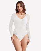 White long-sleeve ruched shapewear bodysuit with V-neckline