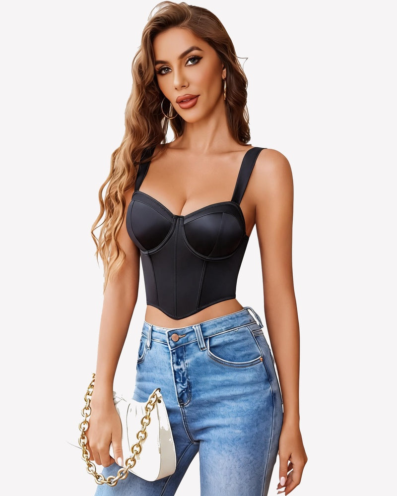 Black corset bustier crop top with underwire cups and thin adjustable straps