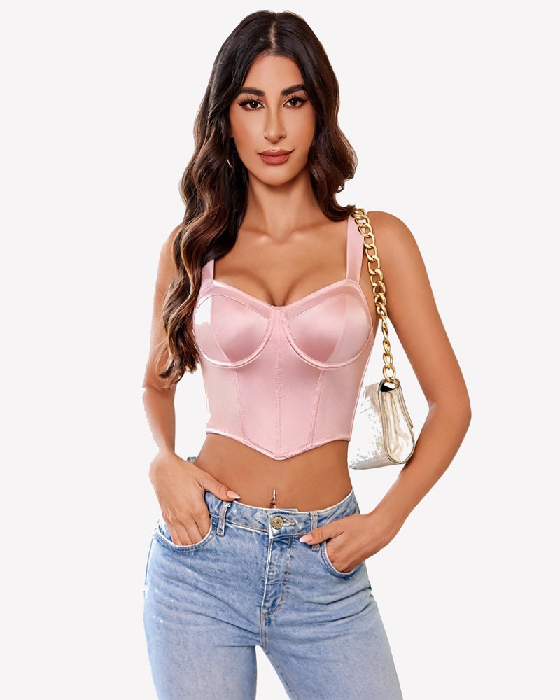 Pink corset bustier crop top with underwire cups and thin adjustable straps